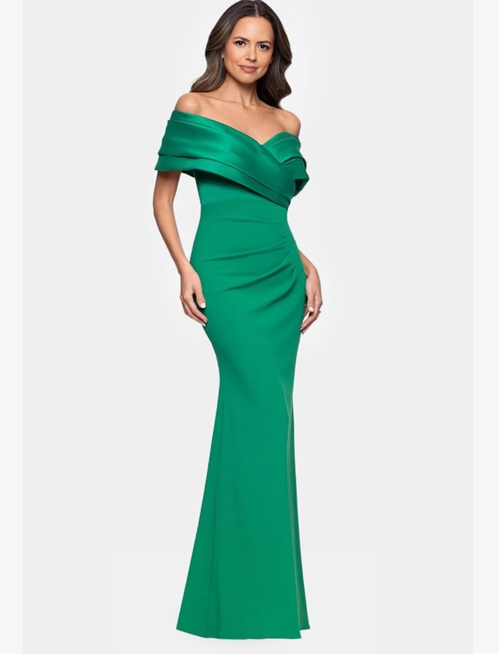 Betsy & Adam Emerald Green Satin Off-Shoulder Floor Length Gown – Size 6 Petite